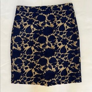 J. Crew Navy Blue and Metallic Gold Wool Jacquard Floral Skirt 2